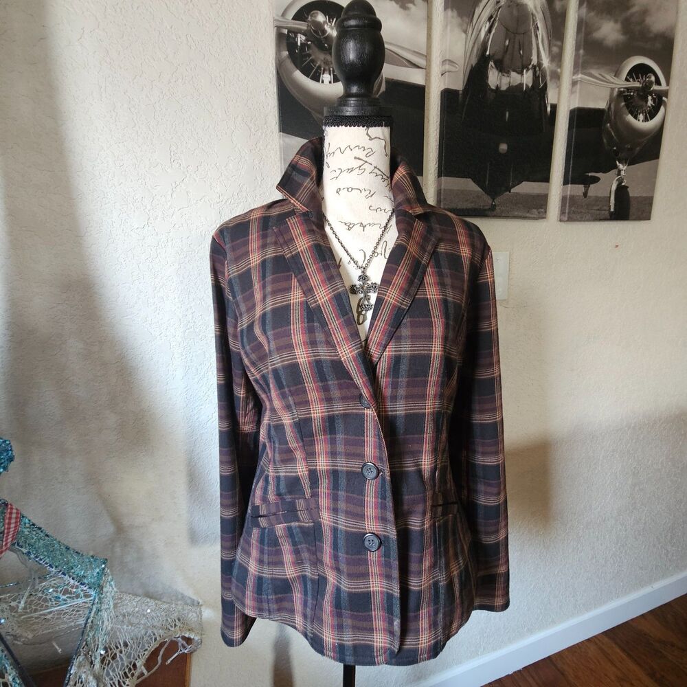 y2k Vintage Plaid Brown Fitted Blazer Medium | Cottage Fall Autumn